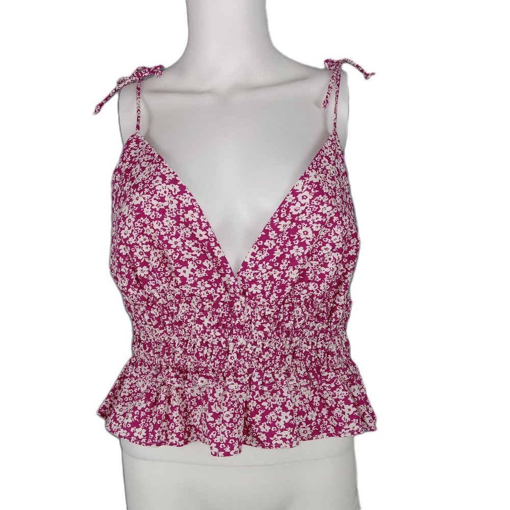 Sim & Sam Women's Peplum Crop Top Size XL Magenta Floral Print V-Neck Open Back